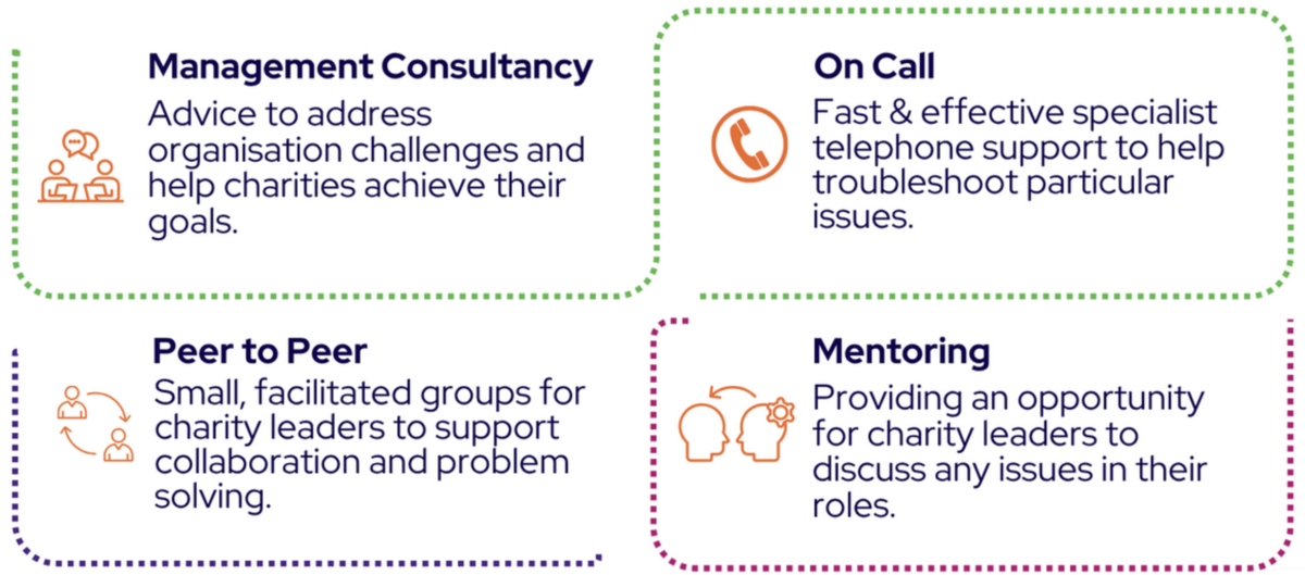A graphic of the services offered by Cranfield Trust: Management Consultancy, Mentoring, Peer to Peer, Online Resources