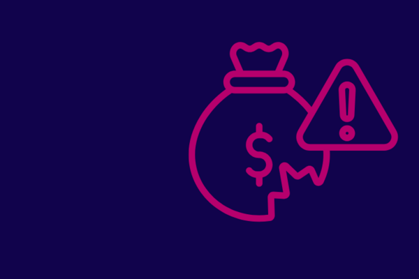 Graphic of a bag of money with hole in it and an exclamation mark, both in pink on a navy blue background