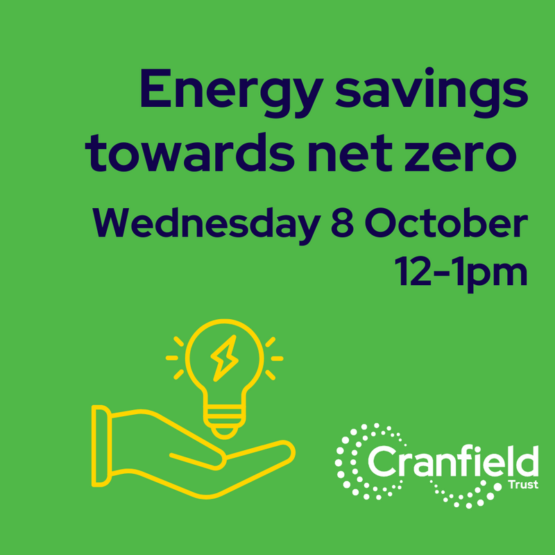 Graphic with the title 'Energy savings and the date of Wednesday 8 October, 12pm to 1pm written in navy blue on a green background. Also include an image of a hand holding a light bulb in yellow - all on a green background 