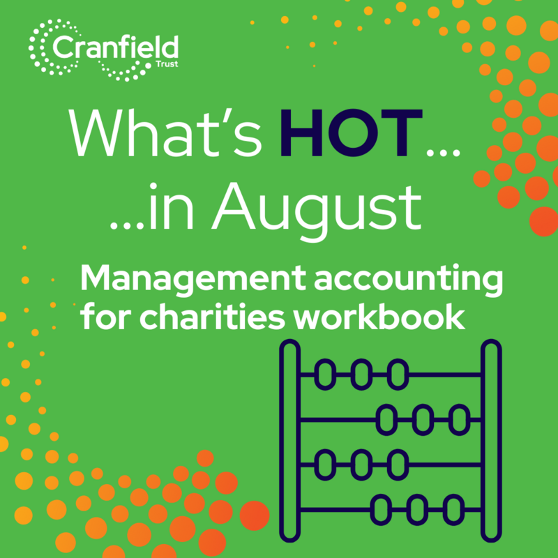 Graphic saying 'What's Hot in August, Management accounting for charities workbook' , written in white on a green background. It also include a graphic of an abacas in navy blue