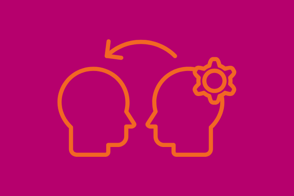 graphic of two heads with an arrow signifying sharing information