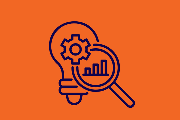 a graphic of a magnifying glass over a graph with a lightbulb behind illustration insight into action