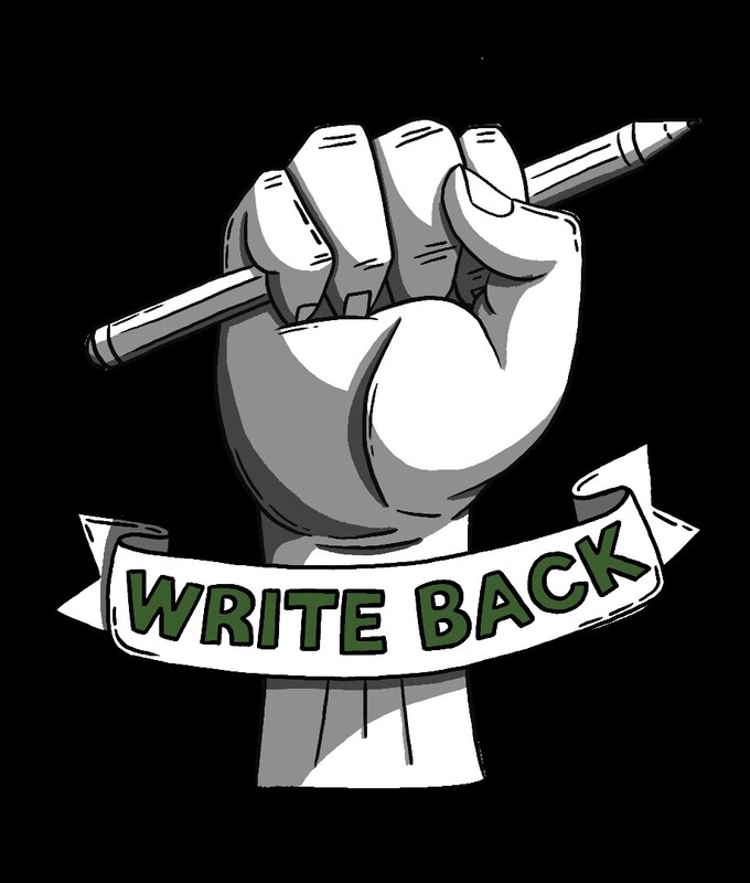 Write Back Logo  - black and white image of a fist holding a pencil