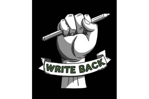 Write Back Logo  - black and white image of a fist holding a pencil