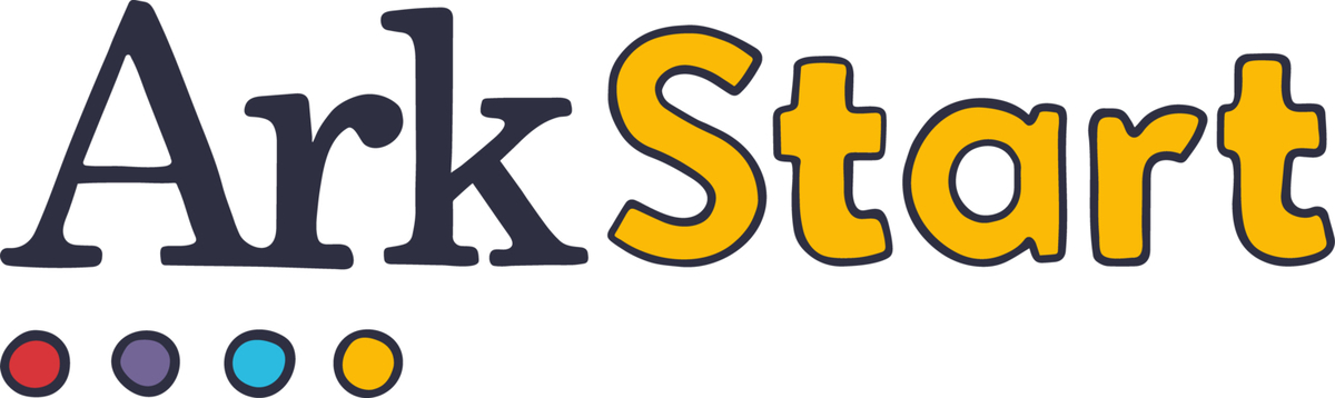 Ark Start logo which features the word Ark in navy blue and Start in yellow, it has four coloured circles underneath in red, purple, turquoise and yellow