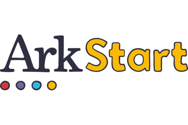 Ark Start logo which features the word Ark in navy blue and Start in yellow, it has four coloured circles underneath in red, purple, turquoise and yellow