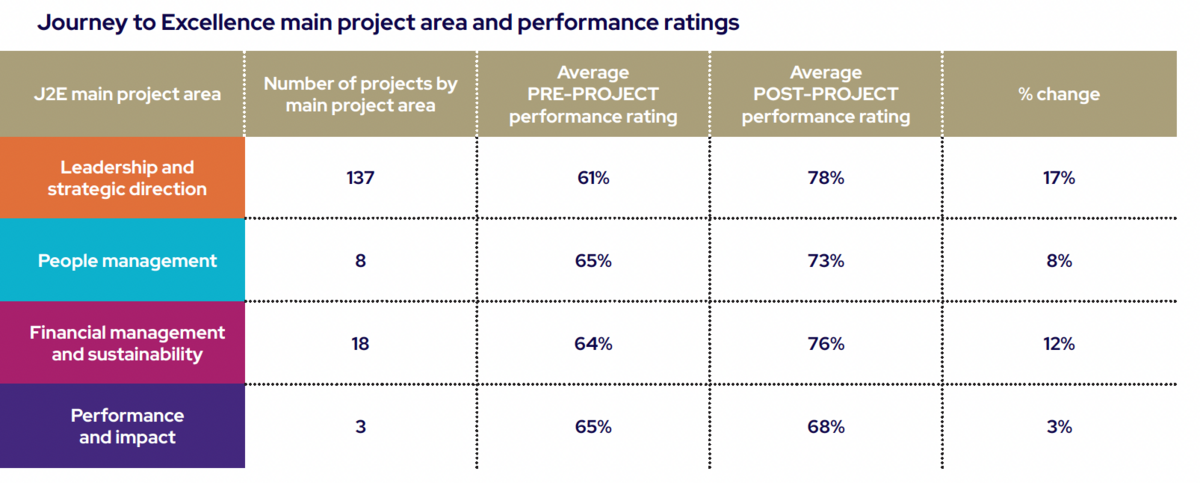 Journey to Excellence main project area and capability ratings table