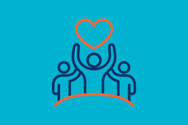 Graphic of three people with their hands in the air, holding an orange heart