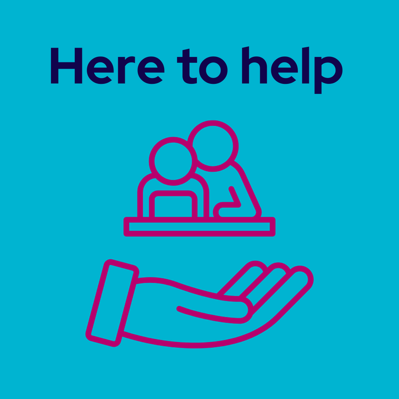 Graphic of two people, just head and shoulders, with one person looking over the shoulder of the other person like they are guiding them and offering them support. They are above a hand that is cupped underneath them