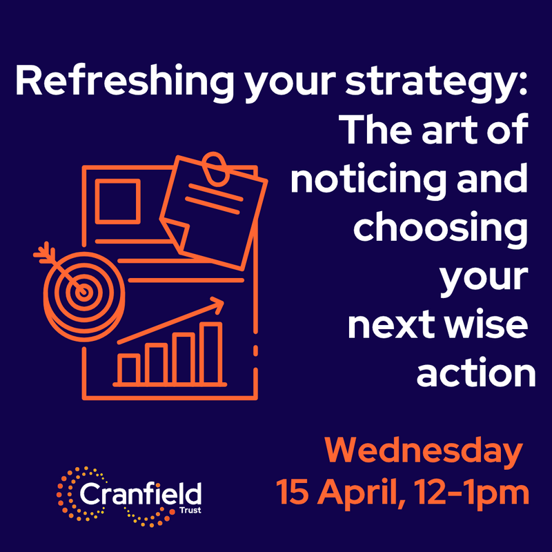 Graphic with the title of the webinar written in white on a navy, 'Refreshing your strategy: The art of noticing and choosing your next wise action, with an image of a page with a bar chart and target with an arrow in the bulls eye