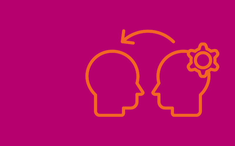 graphic of two heads with a cog and arrow connecting them