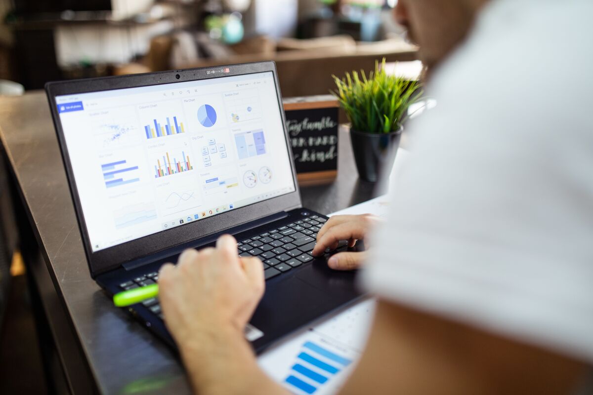 The back of a person at a laptop with graphs on the screen