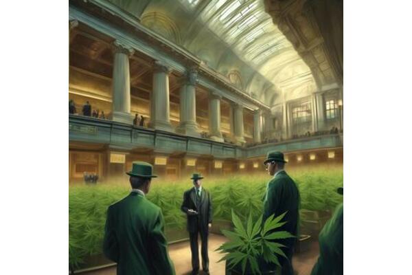 men in suits wearing hats inside the Stock Exchange that is filled with cannabis