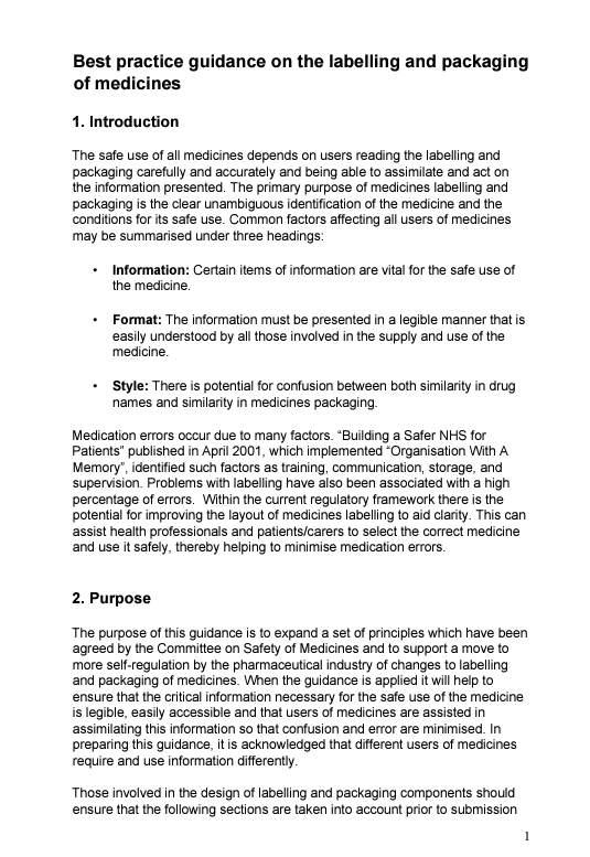 Front page of MHRA Best Practices labelling and packaging document 