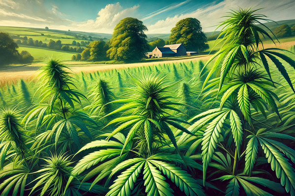 Field of hemp with rolling hills in the background