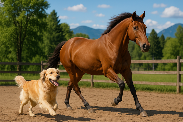 Chestnut horse and golden retriever running alongside each other in a paddock with treas, mountains and blue sky 