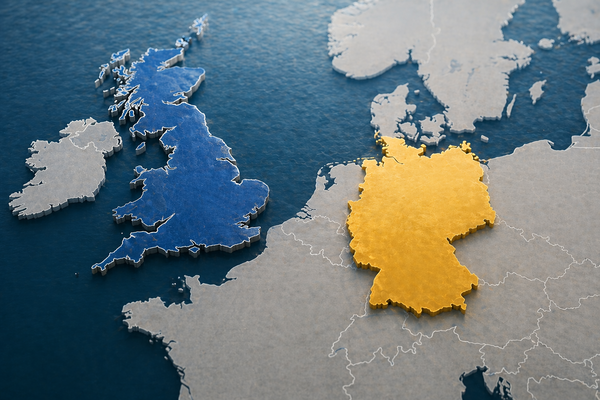 Map of UK and Europe with Germany highlighted in yellow