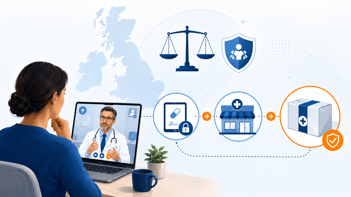 Patient attending a remote consultation with a specialist doctor, with a secure prescription pathway leading to a regulated UK pharmacy.