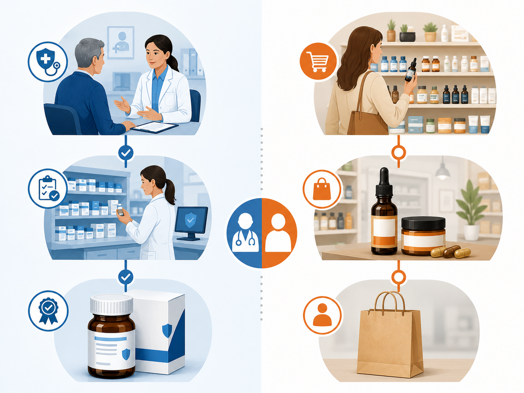 Comparison between prescription medical cannabis supplied through a regulated pharmacy and consumer CBD products sold through general retail.