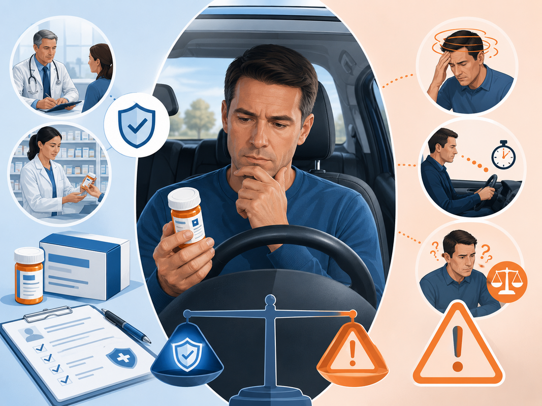 Patient in a parked car checking prescribed medical cannabis guidance before deciding whether it is safe to drive.