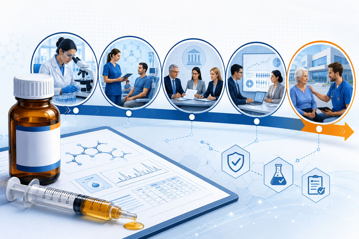 Cannabis oil progresses from specialist prescribing and pharmacy dispensing through laboratory standardisation, quality control and regulatory review towards potential NHS patient access.