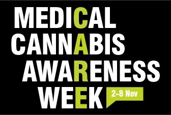Medical Cannabis Awareness Week 2–8 Nov logo, featuring bold white and lime-green lettering on a black background.