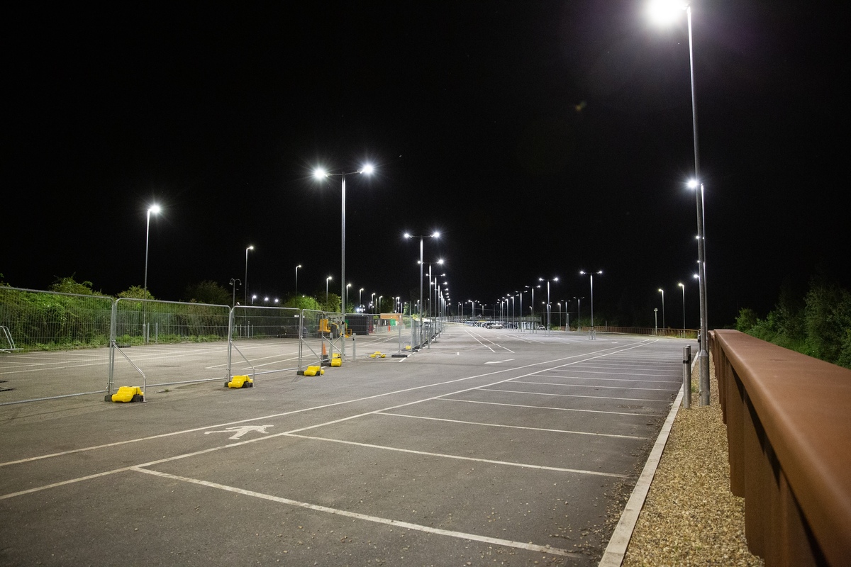 Manningtree Station car park overlit at night