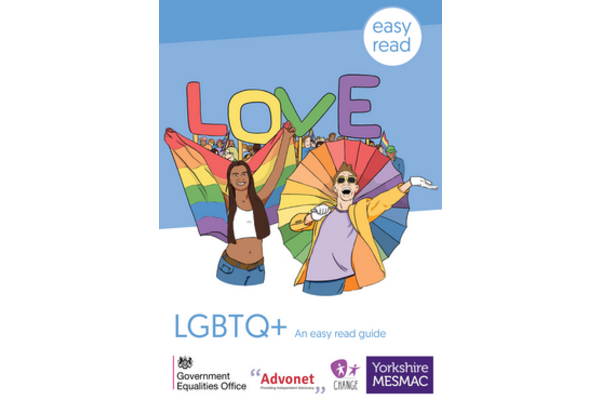Drawing showing a brown person with long hair holding a LGBT+ flag and a white person with short hair holding  rainbow coloured umbrella, standing before a crowd of people, with the word LOVE written above their heads in red, yellow, green & purple letters