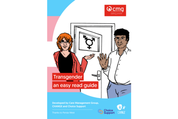 The drawing shows a white person with shoulder length hair & a brown person with short hair standing in front of a door. the door is ajar. on the window there is a transgender symbol (