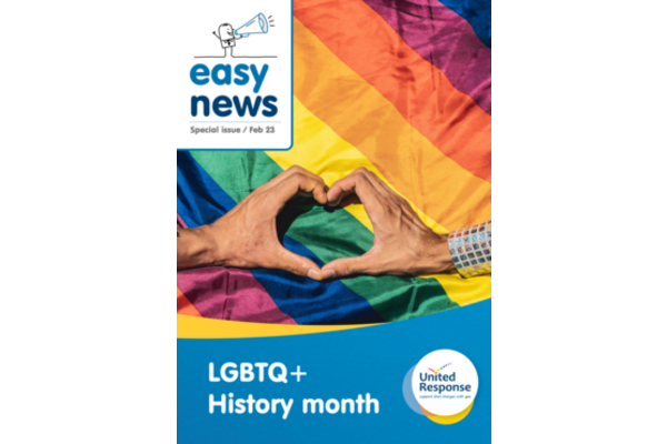 First page of the leaflet - two hands join together to form a heart shape in front of an LGBTQ+ flag
