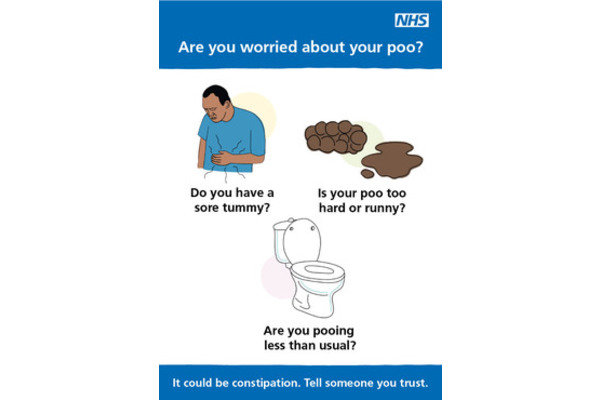 This image shows someone holding their tummy, a picture of poo and a toilet.