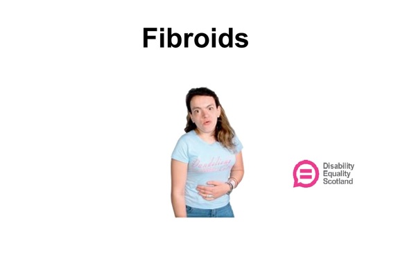 This image shows someone holding their tummy and the word "Fibroids" above their head.