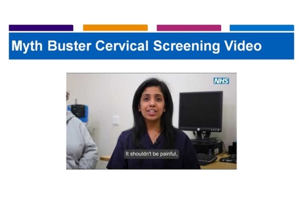 This image has the words: "Myth Buster Cervical Screening" and a picture of a medical professional in a black top, with the subtitles :it shouldn't be painful" below.  