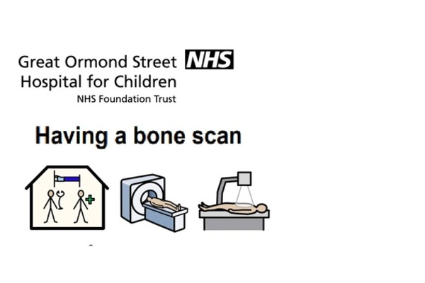 This image shows someone lying on a bed under a body scanner, There is also a person lying on a bed that's going into a CT Scanner and there's also 2 stickmen, one is holding a stethoscope and the other is holding a cross