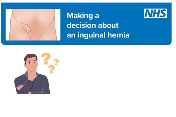 The image shows someone with their hand on their chin and 3 question marks beside them, whilst above there's an image of someone's hernia area.