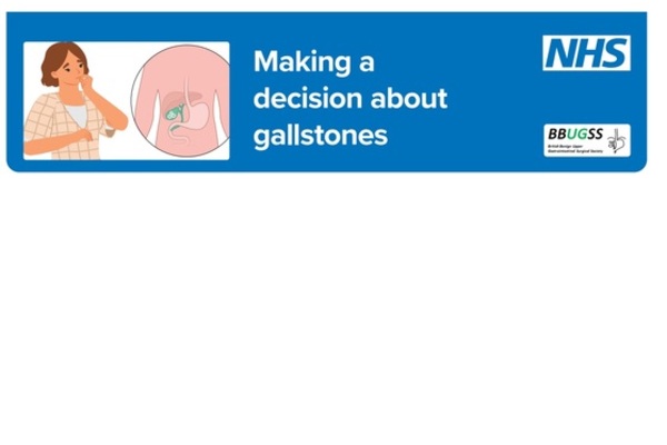 The image shows someone biting their nails whilst looking at a picture of where gallstones are on a human body.