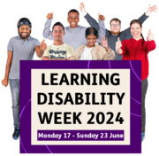 The image shows a group of people standing behind a banner that says "Learning Disability Week 2024"