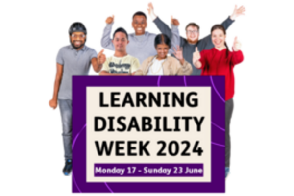 The image shows a group of people standing behind a banner that says "Learning Disability Week 2024"
