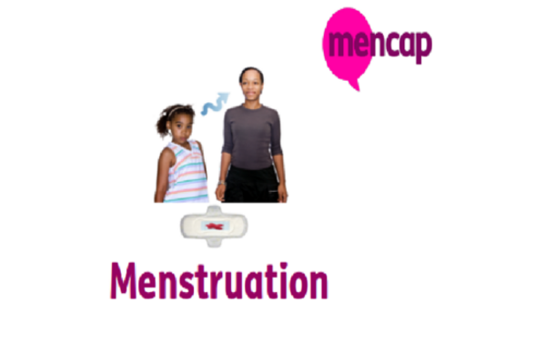 The image shows a young girl with a lady standing beside her. There's a sanitary towel underneath them and the word "Menstruation"