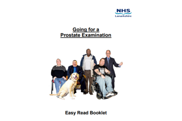 The image shows 5 different men and a guide dog, with the words "Going for a Prostate Examination" above them