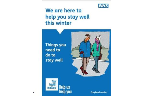 The image shows two people who appear elderly and one of them has a walking stick. They both have winter clothing on and beside them are the words "Things you need to do to stay well"