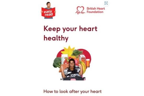 The image shows someone smliling standing in front of a picture of lots of healthy food and a heart, with the words: "keep your heart healthy" above them.