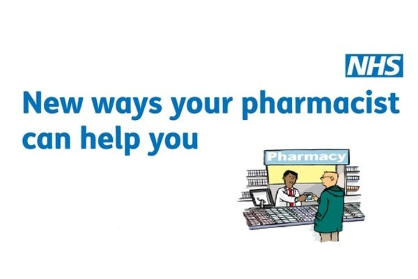 The image shows someone standing in front of a pharmacy counter, with a pharmacist in front of them