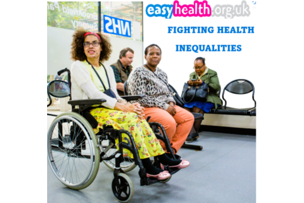 The image shows four people in an NHS waiting room.