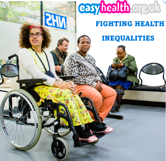 The image shows four people in an NHS waiting room, with the words: "Fighting health inequalities" on the top right hand side.