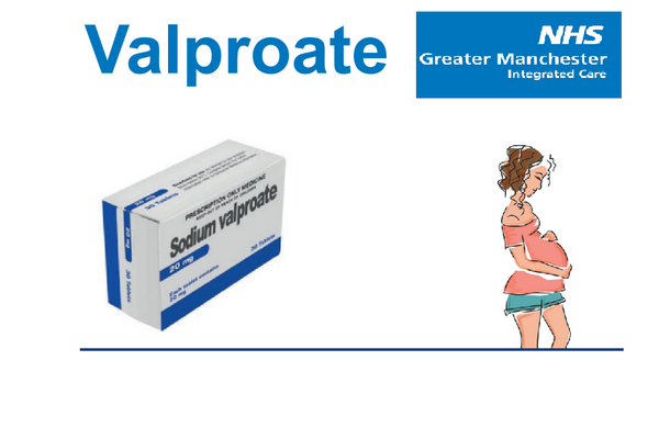 The image shows a picture of a box of Sodium Valproate medication on the left and on the right, there's a pregnant person holding their stomach.