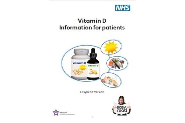 The image shows Vitamin D supplements in liquid and tablet form, with another image of the sun in a bubble, above an image of different fish above another bubble showing different dairy produce.