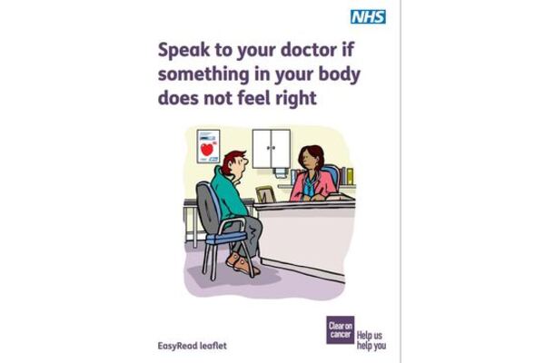 The image shows a patient, sitting down, talking to a doctor.