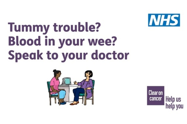 The image shows a patient with a pink top talking to a doctor with a purple jacket.