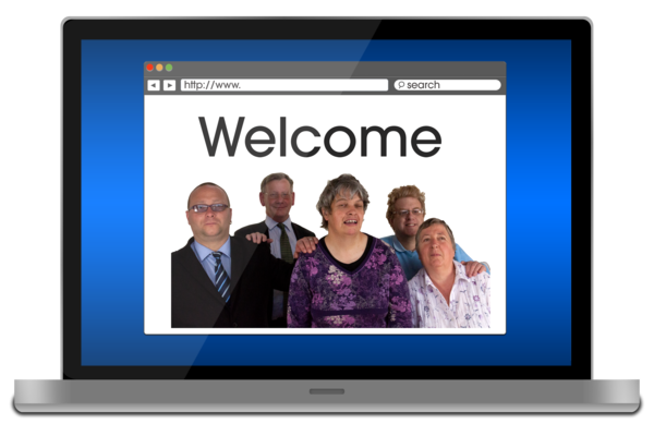 Laptop screen showing the first page of a website titled' Welcome' with a group of people below the title (the image illustrates the key concept of the page as visual support for easy read documents).